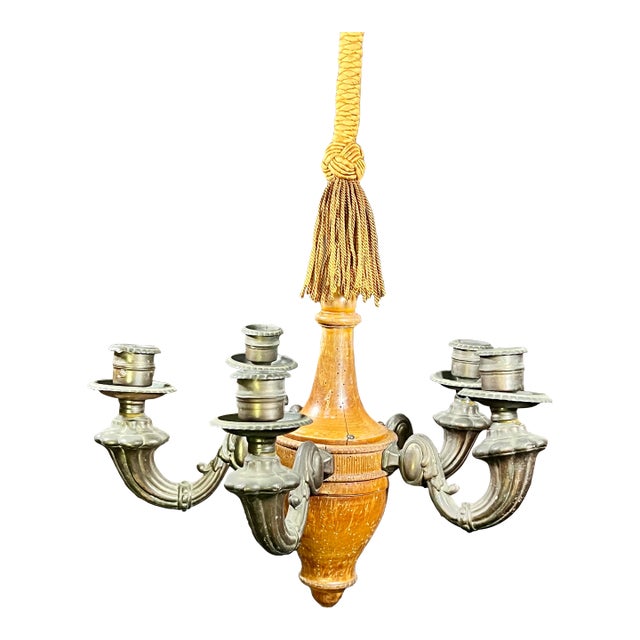 Early 20th Century Traditional Five-Arm Wood and Copper Vintage Candelabra Chandelier For Sale