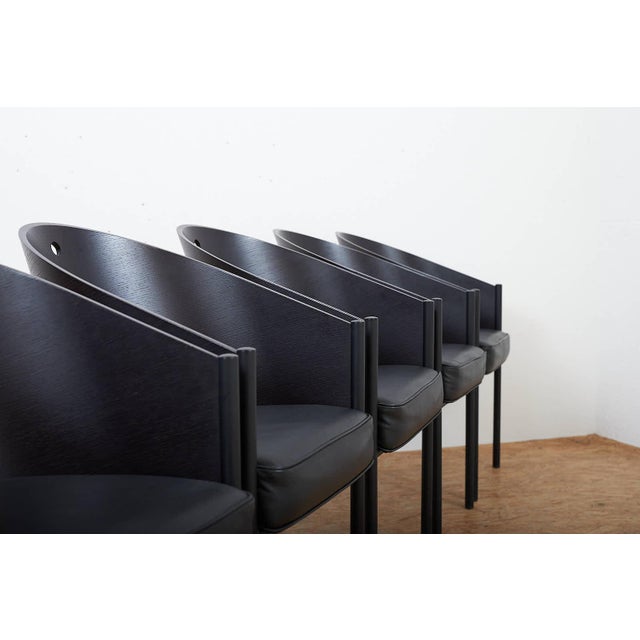 Philippe Starck Costes Chair Set in Black Lacquered Tubular Steel Frame, Molded Plywood Seat and Leather by Philippe Starck, 1984, Set of 6 For Sale - Image 4 of 17
