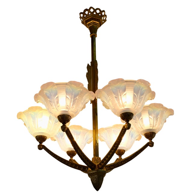 Ceiling Lamp with Bronze Mount and Opalescent Glass, 1930s For Sale - Image 4 of 11