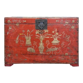 Antique 19th Century Chinese Red Lacquer Trunk For Sale