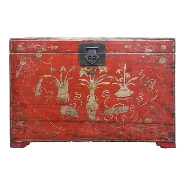 Antique 19th Century Chinese Red Lacquer Trunk For Sale
