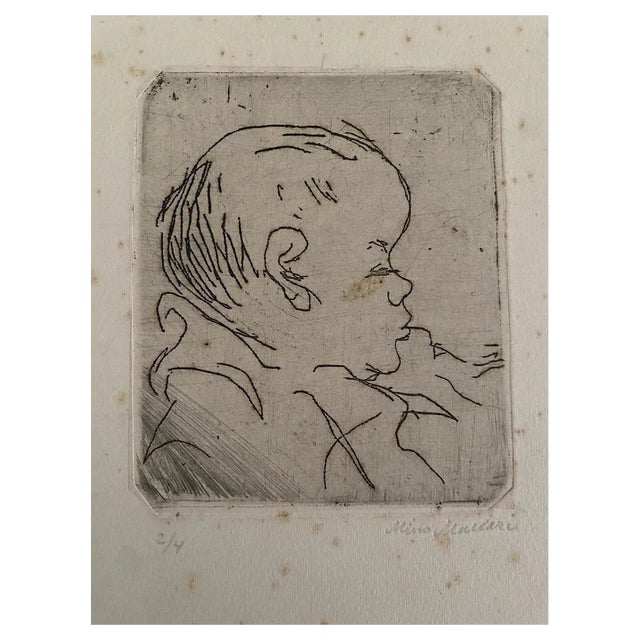 Mino Maccari, Portrait of a Baby- Etching on Cardboard, 20th Century For Sale