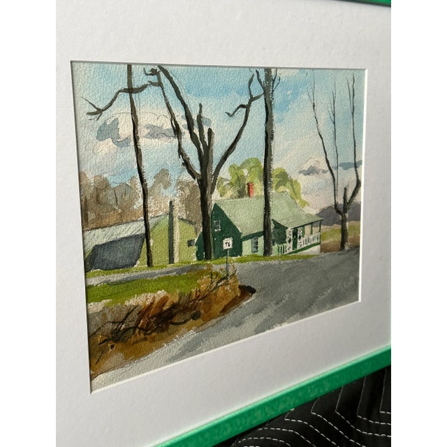 Late 20th Century Late 20th Century Vintage Watercolors of Homes Among Trees in New Modern Green Glazed Frames - Set of 3 For Sale - Image 5 of 10