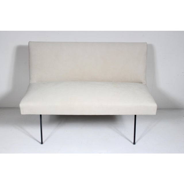Modern Milo Baughman for Pacific Iron style Black Wrought Iron Loveseat with Creamy Beige Suede. Featuring a solid Black...