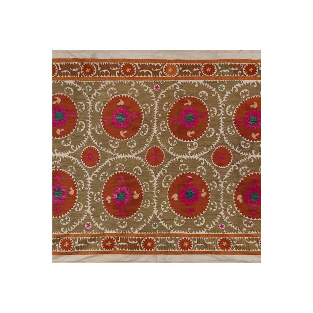 1960s Decorative Suzani Embroidery | Olive Green Living Room Wall Hanging 6'11'' X 10'3'' For Sale - Image 5 of 15