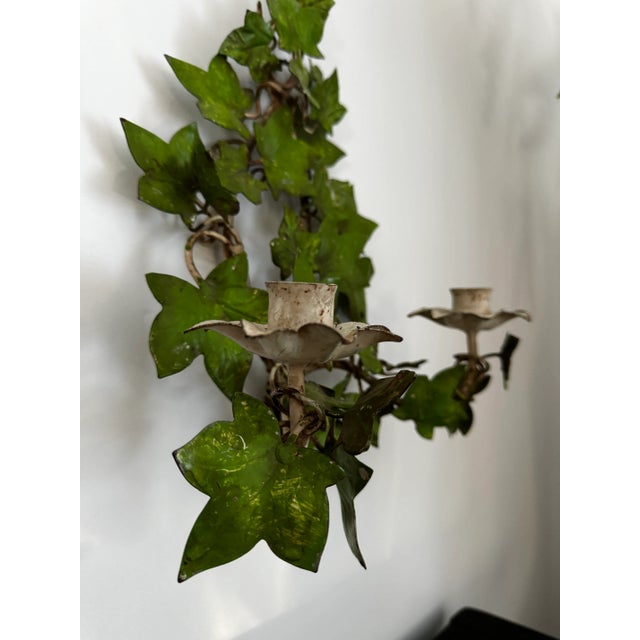 Green Pair of Vintage Italian Tole Painted Green Botanical Ivy Leaf Wall Candle Sconces For Sale - Image 8 of 10