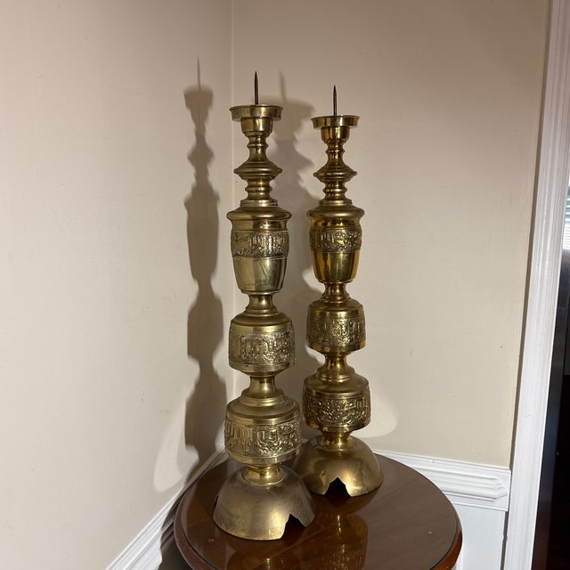 Brass 1960s James Mont Style Asian Candlesticks - A Pair For Sale - Image 8 of 9
