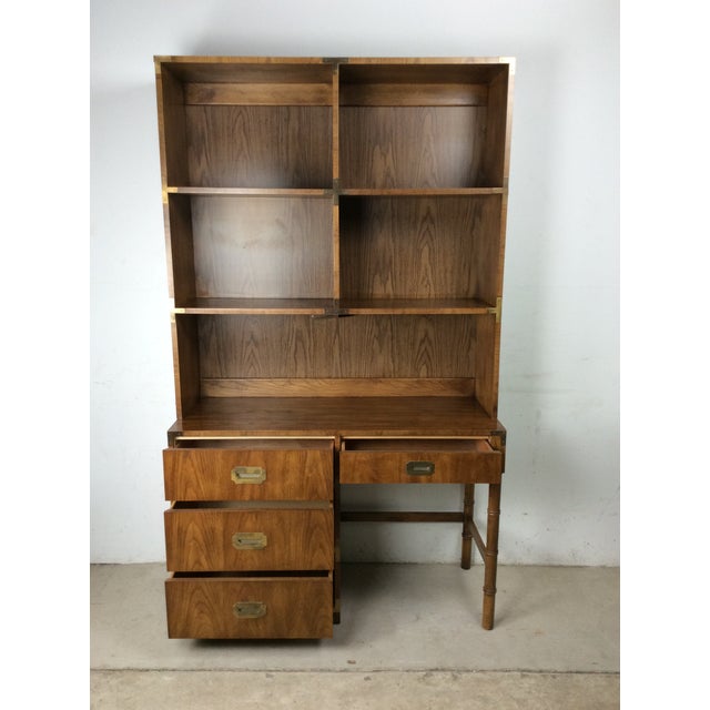 Wood Mid Century Campaign Style Writing Desk With Shelving Unit For Sale - Image 7 of 18