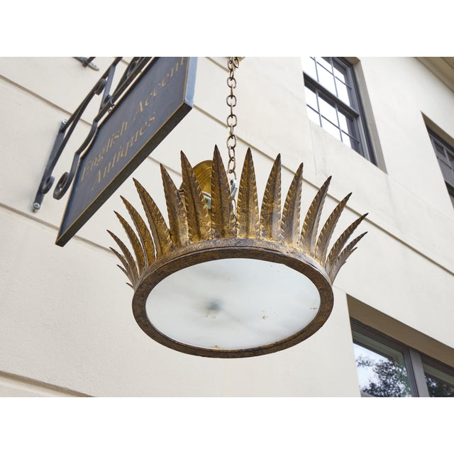 Mid 20th Century Spanish Gilt Metal Crown Chandelier with Frosted Glass Diffuser For Sale In Atlanta - Image 6 of 7