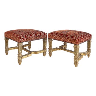 Late 20th Century Carved Giltwood Ottomans/Benches, Embroidered Seats, Nailheads, Pair, Louis XIV For Sale