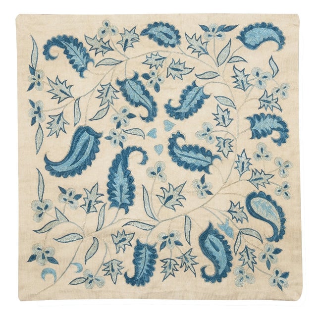 19"x20" Embroidered 100% Silk Pillowcase. Handmade Cushion. Blue Throw Pillow For Sale