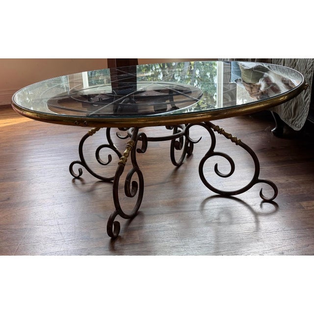 1960s Mid-Century Maison Jansen Style Wrought Iron & Brass Round Glass Cocktail Table, C. 1960s For Sale - Image 5 of 12
