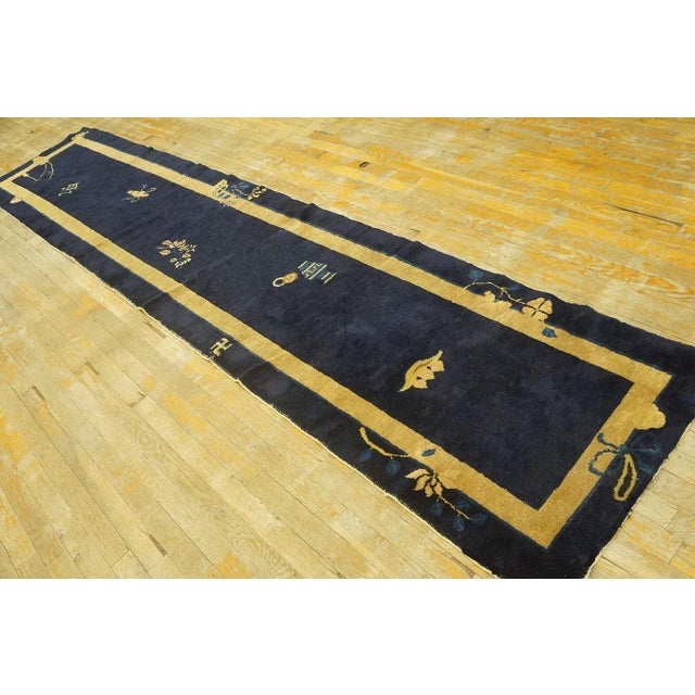 Chinese 1920s Navy Blue Floral Vase Antique Chinese Peking Carpet 2' 4'' X 11' 7" Knotted Wool Rug Runner For Sale - Image 3 of 8