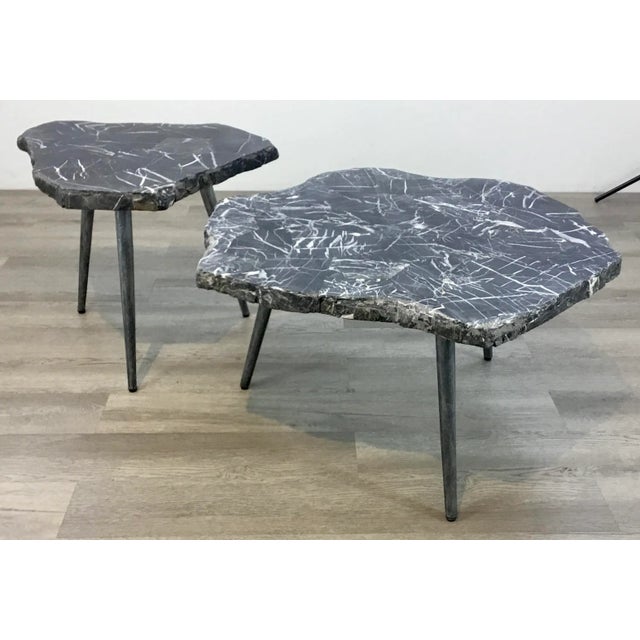 Original Retail $4485, stylish Arteriors Modern Black Stone Tashi Bunching Cocktail Tables Set of Two, white vein, dark...