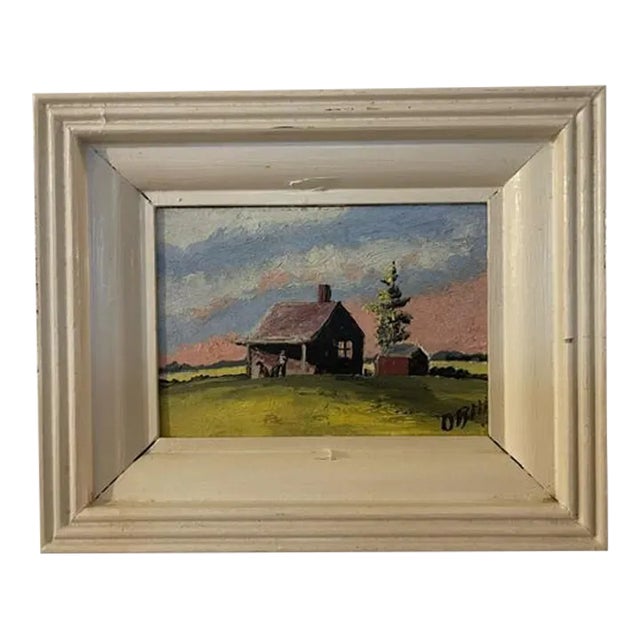 Petite Oil on Wood on Rural Scene, Vintage For Sale
