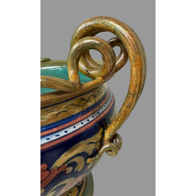 Pair of Antique Italian Dragon Decorated Faience Vases With Figural Snake Handles For Sale - Image 4 of 12