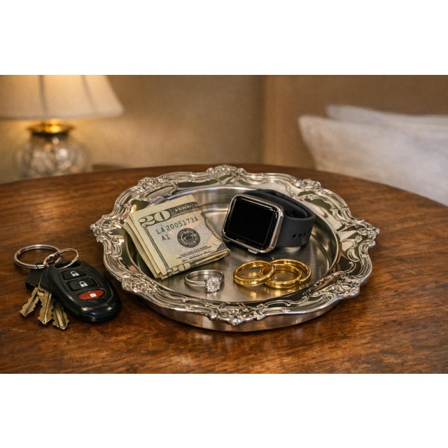 English Vintage Gorham Silver Tray Used as Dog Bowl, Catchall, Serving Dish or Wine Coaster for Bar Cart, Vanity Styling, Palm Beach Regency or Traditional For Sale - Image 3 of 10