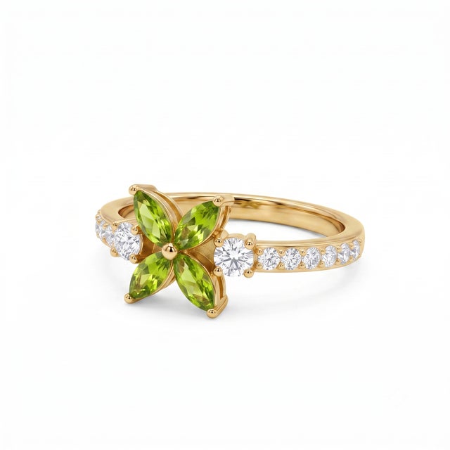 This exquisite floral-inspired ring features four marquise-cut gemstones (6x4mm) arranged in a delicate petal design,...