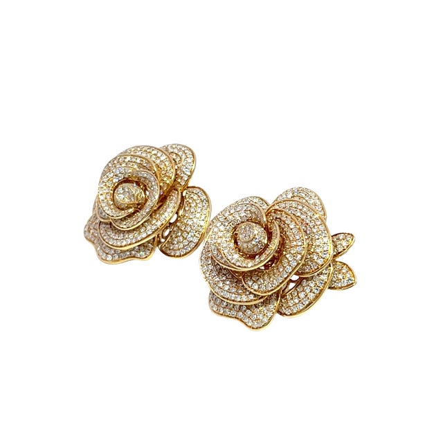 Modern 18k Yellow Gold Diamond Rose Flower Earrings – 3d Layered Floral Design, A Pair For Sale - Image 3 of 4