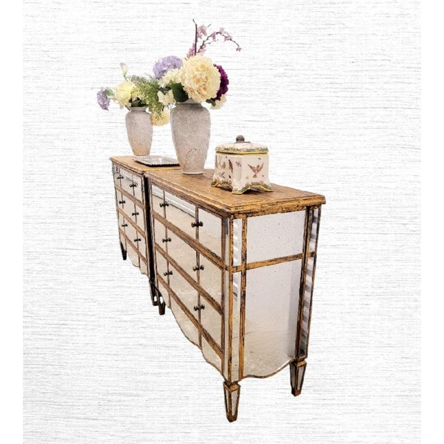 Oversized Mirrored Scalloped Edge Gold Leaf French Style 3 Drawer Chests Commodes- A Pair For Sale - Image 15 of 17