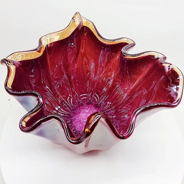 Large Glossy Purple Jacketed Fazzoletto Vase in Hand Worked Murano Glass For Sale - Image 4 of 8