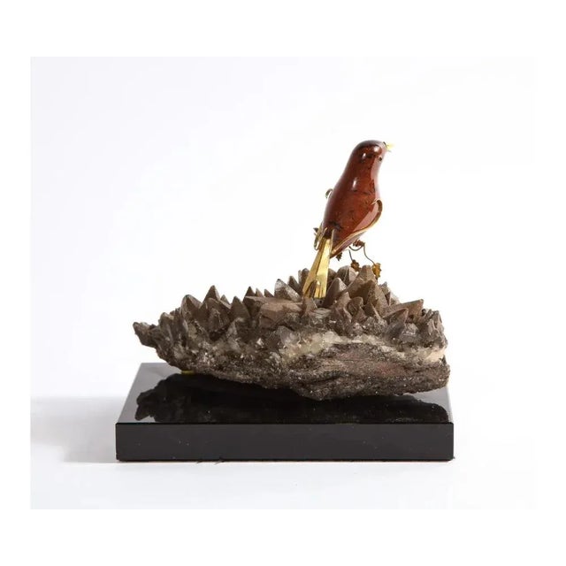 Late 20th Century 14k Gold Mounted Obsidian Bird on Dog's Tooth Stone, Mounted on Black Glass For Sale - Image 4 of 11