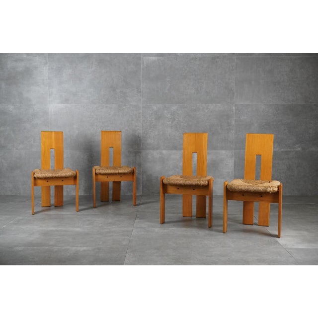 Postmodern Postmodern Sculptural Oak and Rush Seat Dining Chairs, 1970s, Set of 4 For Sale - Image 3 of 13
