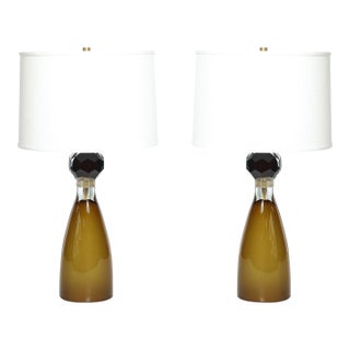 Modernist Faceted Smoked Tobacco Murano Glass Hourglass Form Table Lamps For Sale