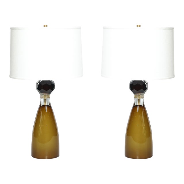 Modernist Faceted Smoked Tobacco Murano Glass Hourglass Form Table Lamps For Sale