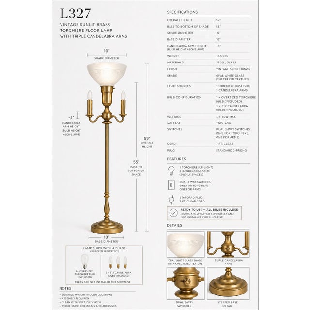 A refined traditional torchiere floor lamp finished in a soft sunlit brass tone, featuring a classic glass uplight and...