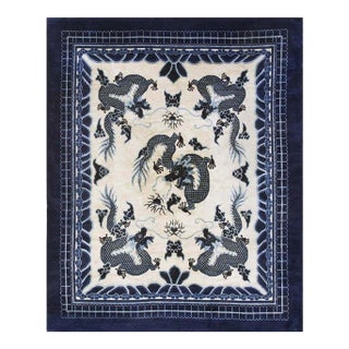 1890s Ivory and Blue Antique Cloud Band Design Chinese Dragon Peking Rug For Sale