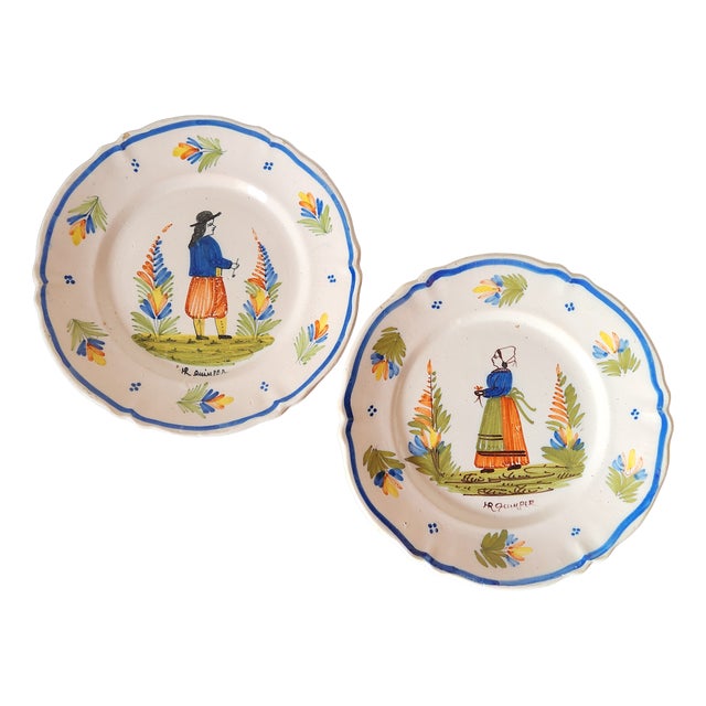Antique French Decorative Folk Art Plates from HR Quimper, 1800s, Set of 2 For Sale