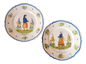 Antique French Decorative Folk Art Plates from HR Quimper, 1800s, Set of 2