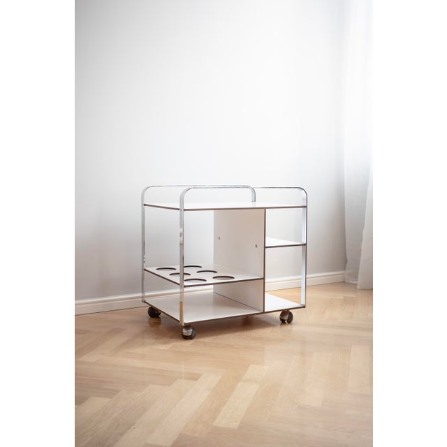 Wood Postmodern Chrome Framed White Serving Cart on Wheels, 1980s For Sale - Image 7 of 8