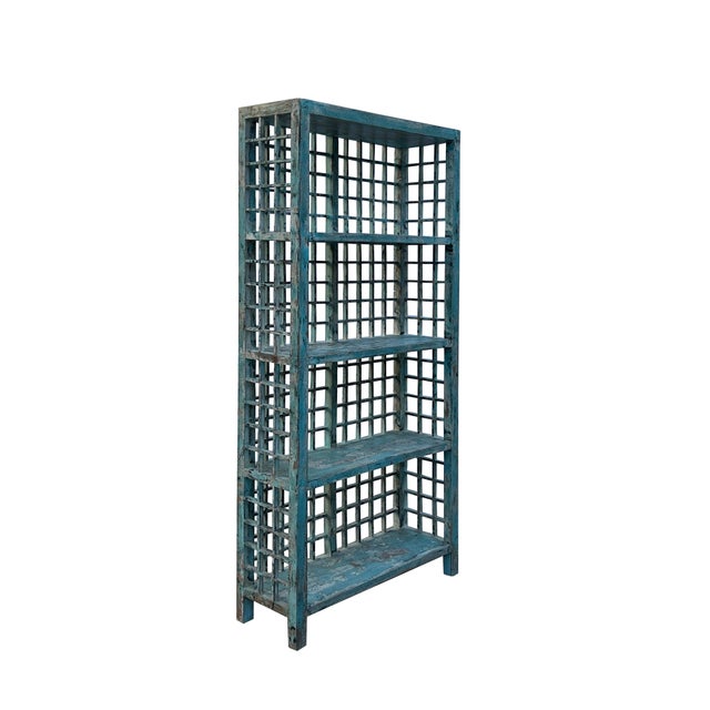 Distressed Teal Blue Green Grid Style Back Side Bookcase Display Cabinet For Sale - Image 4 of 6