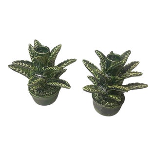 Pair of Vintage Moroccan Emerald Glazed Ceramic Cactus Taper Candle Holders For Sale