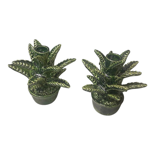 Pair of Vintage Moroccan Emerald Glazed Ceramic Cactus Taper Candle Holders For Sale