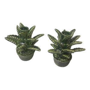 Pair of Vintage Moroccan Emerald Glazed Ceramic Cactus Taper Candle Holders