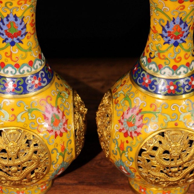Metal Monumental Chinese Imperial Style Cloisonné Vase With Gilt Openwork Dragon Panels - 13.5 LBS For Sale - Image 7 of 9