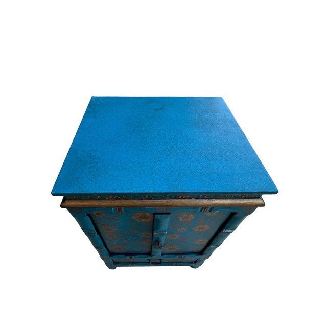 1990s Distressed Teal Green Golden Floral Graphic Side End Table Nightstand For Sale - Image 5 of 11