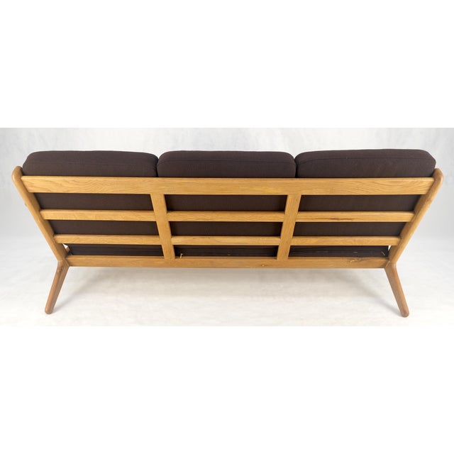 Late 20th Century Solid Oak Frame Brown Upholstery MCM Style 3 Seat Sofa Clean! For Sale - Image 5 of 16