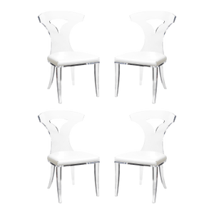 Set of 4 Mid-Century Modernist Klismos Lucite Chairs W/ White Leather Upholstery
