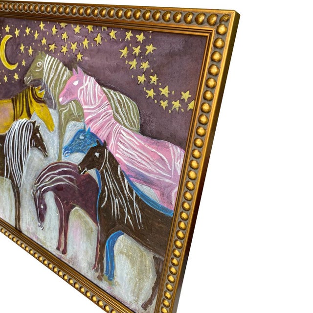 Contemporary Whimsical Horse Painting Original | Folk Art Style Wall Art | Colorful Horses Under Moon | Framed Acrylic Painting 13x13 | Eclectic Decor For Sale - Image 3 of 6