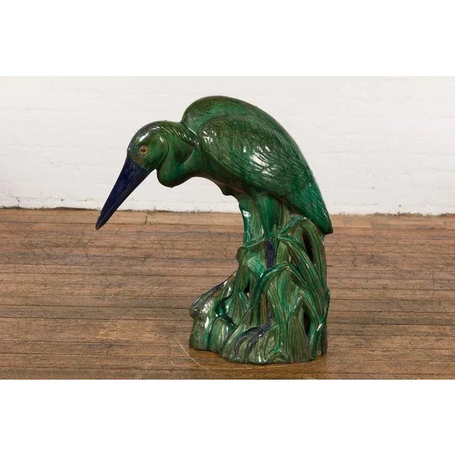 Vintage Lifesize Chinese Green & Blue Glazed Ceramic Heron Bird Sculpture For Sale - Image 11 of 13