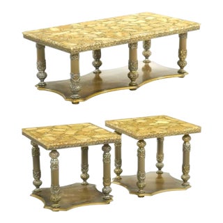 Arturo Pani Mid 20th C. Hollywood Regency Resin Embedded Stone, Abalone Table Set For Sale