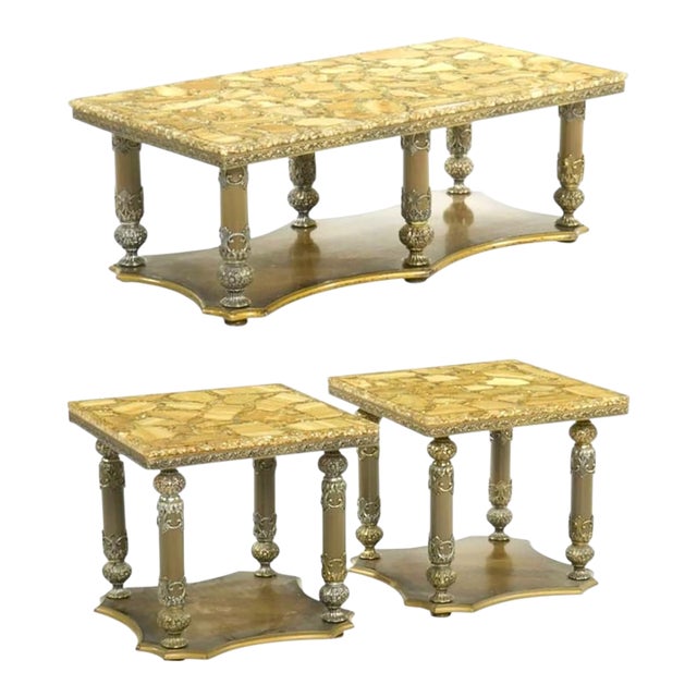 Arturo Pani Mid 20th C. Hollywood Regency Resin Embedded Stone, Abalone Table Set For Sale