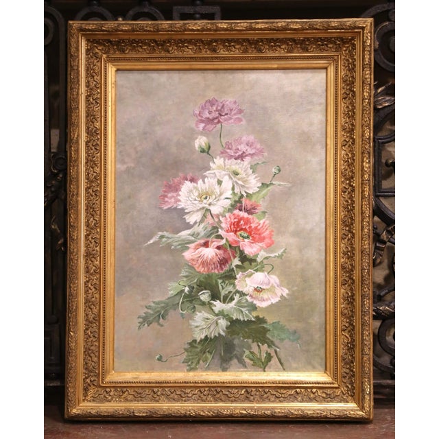 19th Century French Oil on Canvas Floral Painting in Carved Gilt Wood Frame For Sale In Dallas - Image 6 of 10