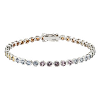 5.95Crt Rainbow Sapphire Bezel Set Classical Roman Tennis Bracelet in 14k Gold For Sale