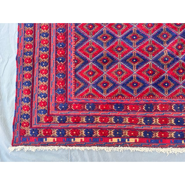 Mushwani Red and Blue Andkhoy Hand-Knotted Wool Rug - 6'4" X 9'11" For Sale - Image 6 of 11