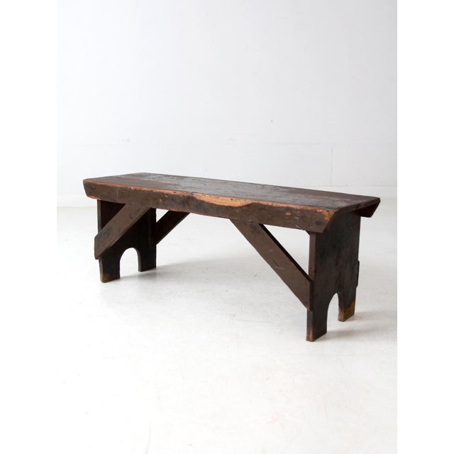 Wood Primitive Antique Rustic Farmhouse Bench For Sale - Image 7 of 11